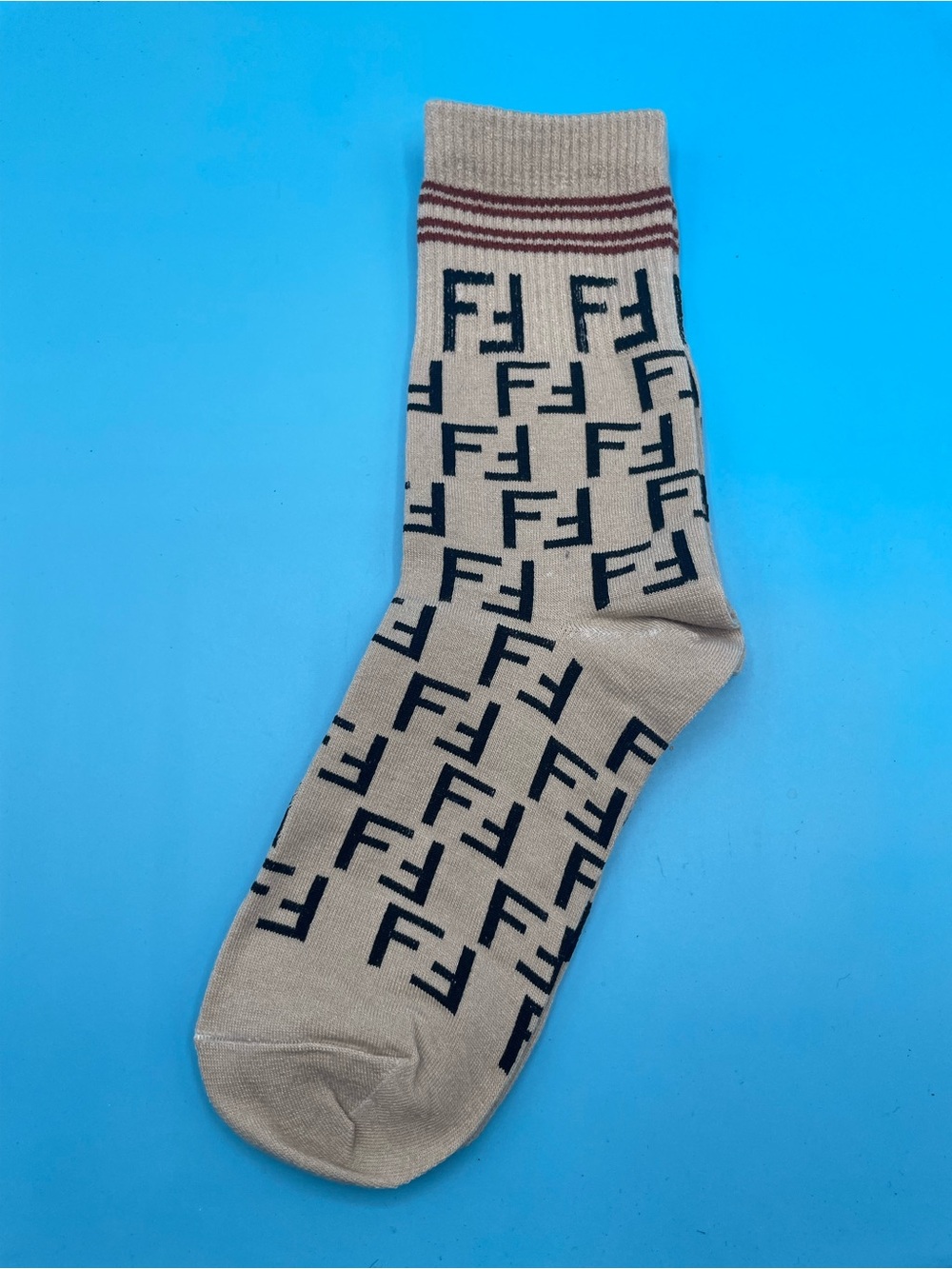 3 Pair Fendi Beige Crew Socks with Black FF Monogram and Brown Stripe - Picture 2 of 3